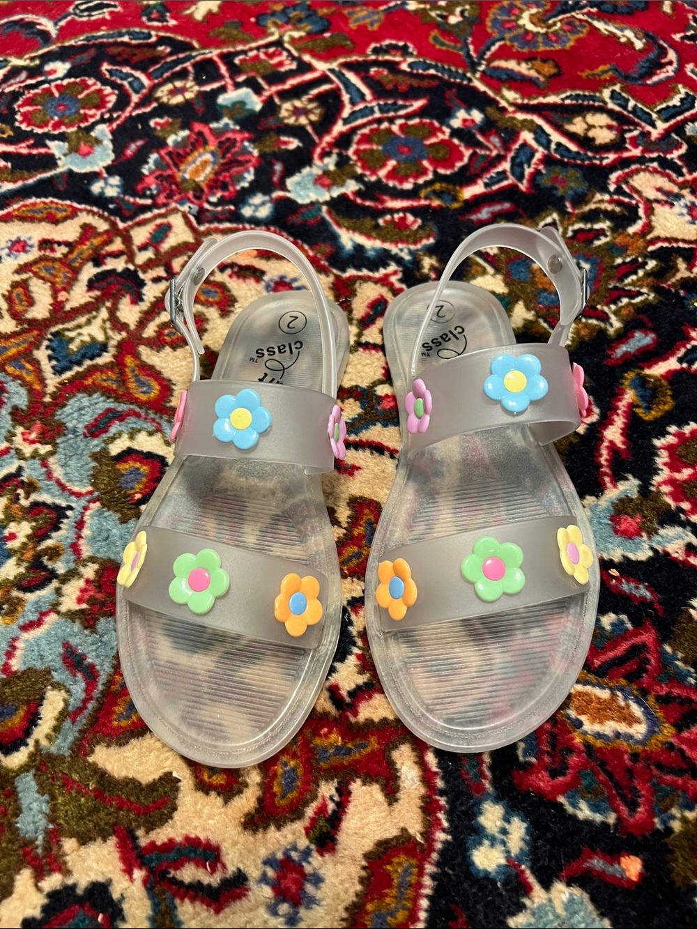 Kids Clear Jelly Sandals with Multicolor Flower Accents